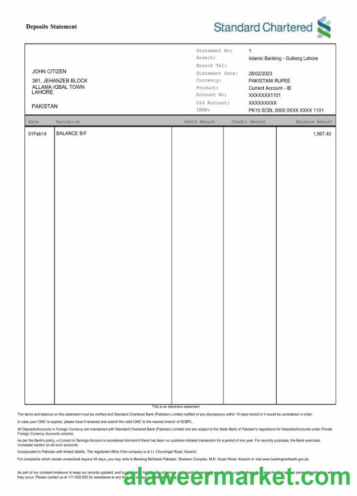 Pakistan Standard Chartered bank statement Word and PDF template scr